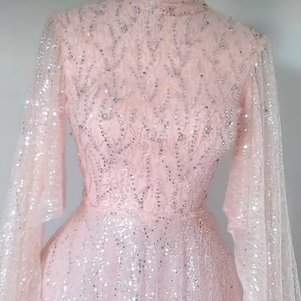 Soft Pink Full Beaded Floor Length Gown Cape Sleeve High Neck Zipper Back Modest